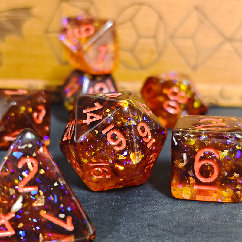 Dice Set Polyhedral - Fire Orange Confetti Resin Polyhedral Dice