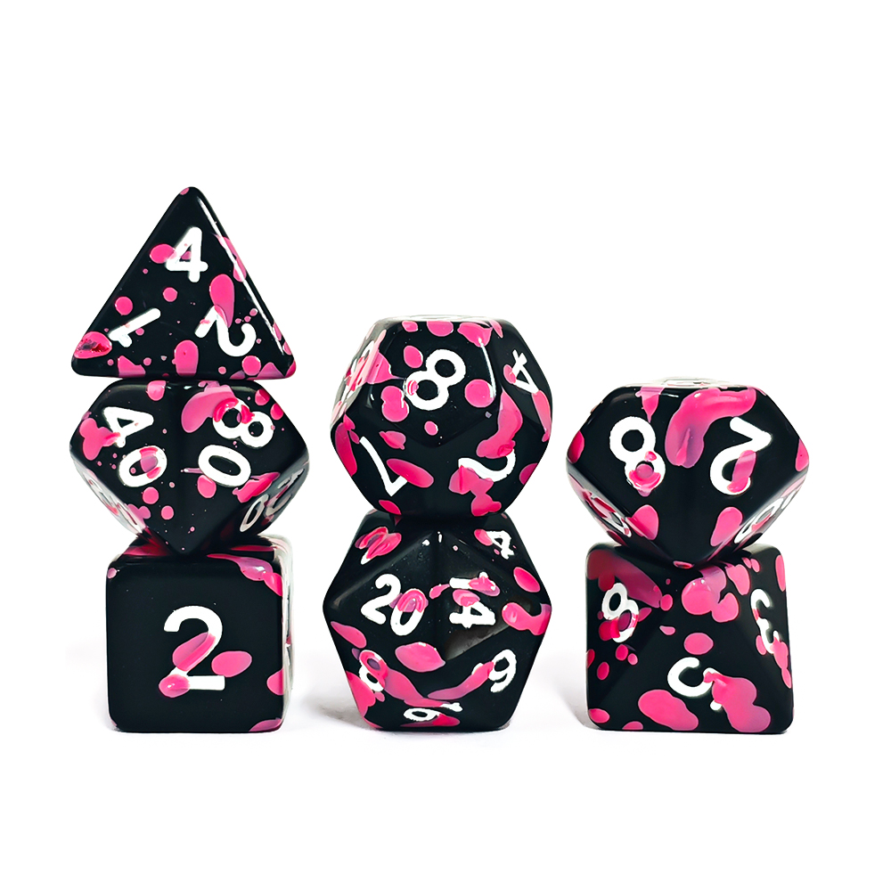 Polyhedral Pink Splatter Acryl - đánh giá và giá Dice Set Polyhedral